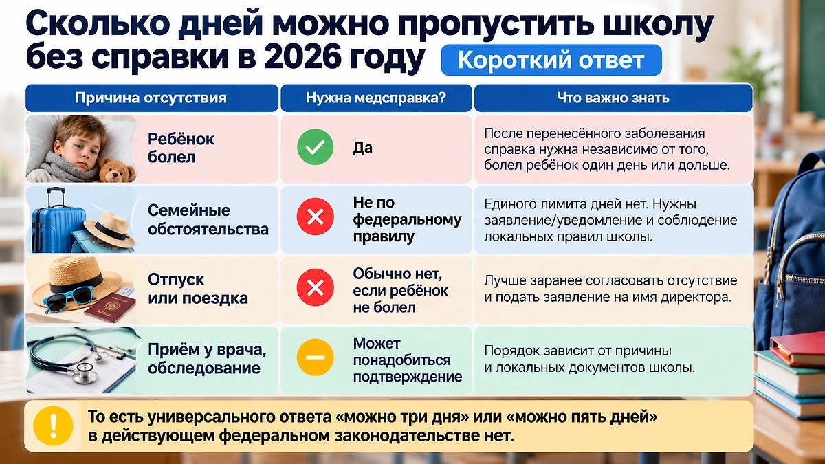 Сколько дней можно пропустить школу без справки в 2026 году: когда нужен медицинский документ, а когда достаточно заявления родителей. Инфографика © Life.ru