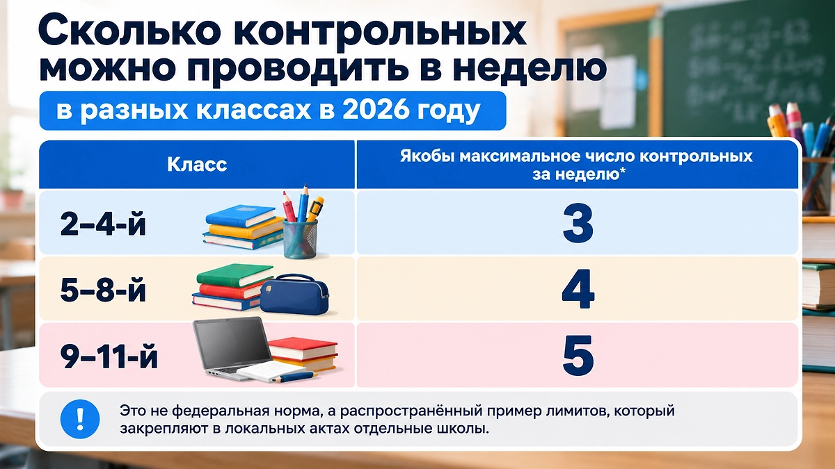 Три контрольные в неделю для 2–4-х классов, четыре для 5–8-х и пять для 9–11-х — распространённый пример школьных лимитов, но не единая федеральная норма. Инфографика © Life.ru