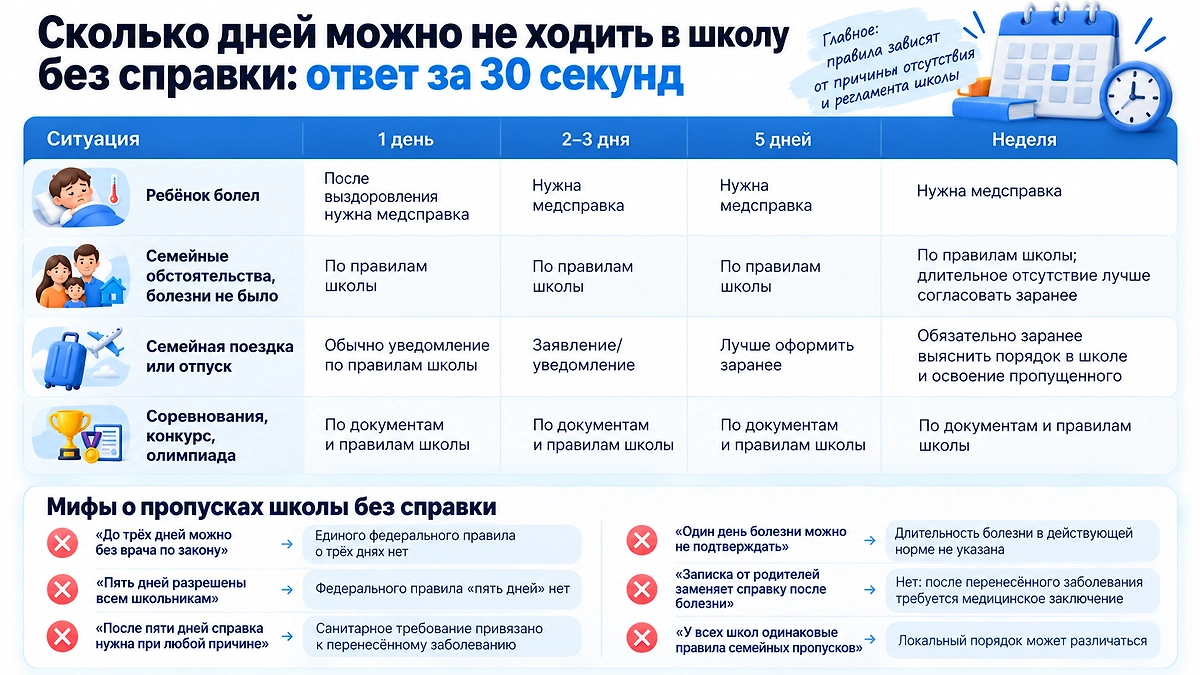 Сколько дней можно пропустить школу без справки в 2026 году: когда нужен медицинский документ, а когда достаточно заявления родителей. Инфографика © Life.ru