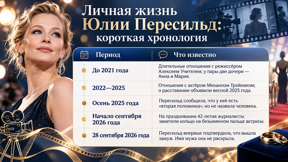Личная жизнь Юлии Пересильд: отношения с Алексеем Учителем и Михаилом Тройником, новый роман и подтверждение брака в 2026 году. Инфографика © Life.ru