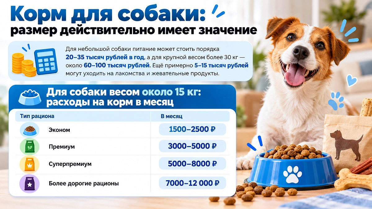 Сколько стоит корм для собаки в 2026 году: расходы зависят от веса животного и класса рациона. Инфографика © Life.ru