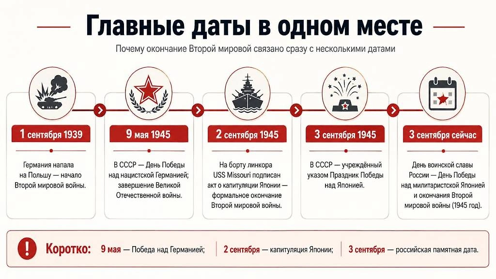 Инфографика © Life.ru: четыре главные даты Второй мировой войны — от нападения Германии на Польшу до Победы над Японией.