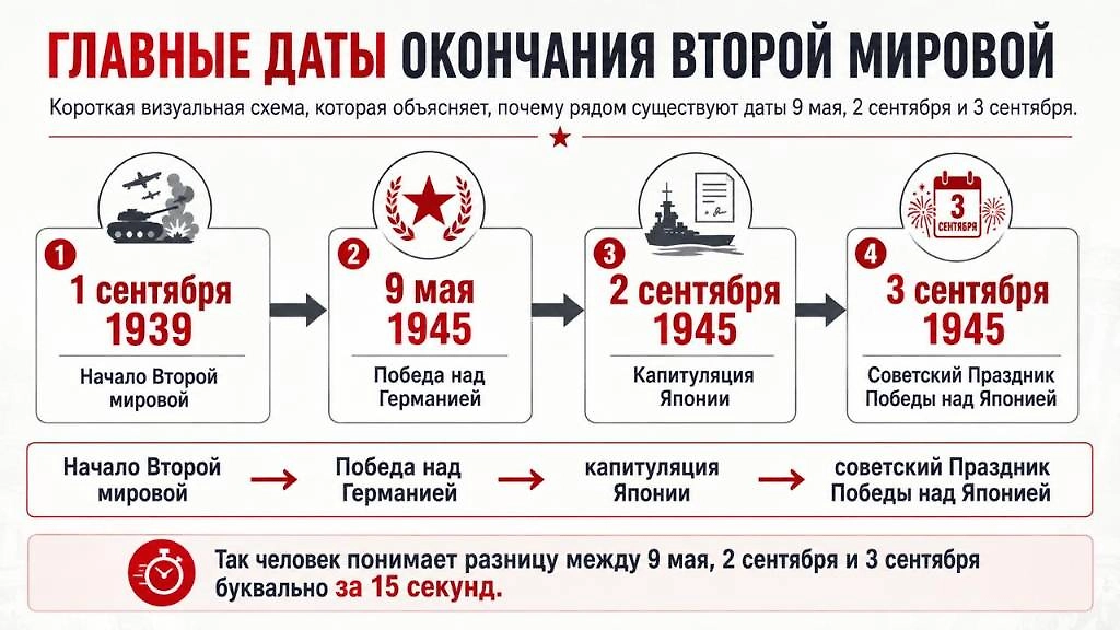Инфографика © Life.ru: почему 9 мая, 2 сентября и 3 сентября обозначают разные этапы завершения Второй мировой войны 