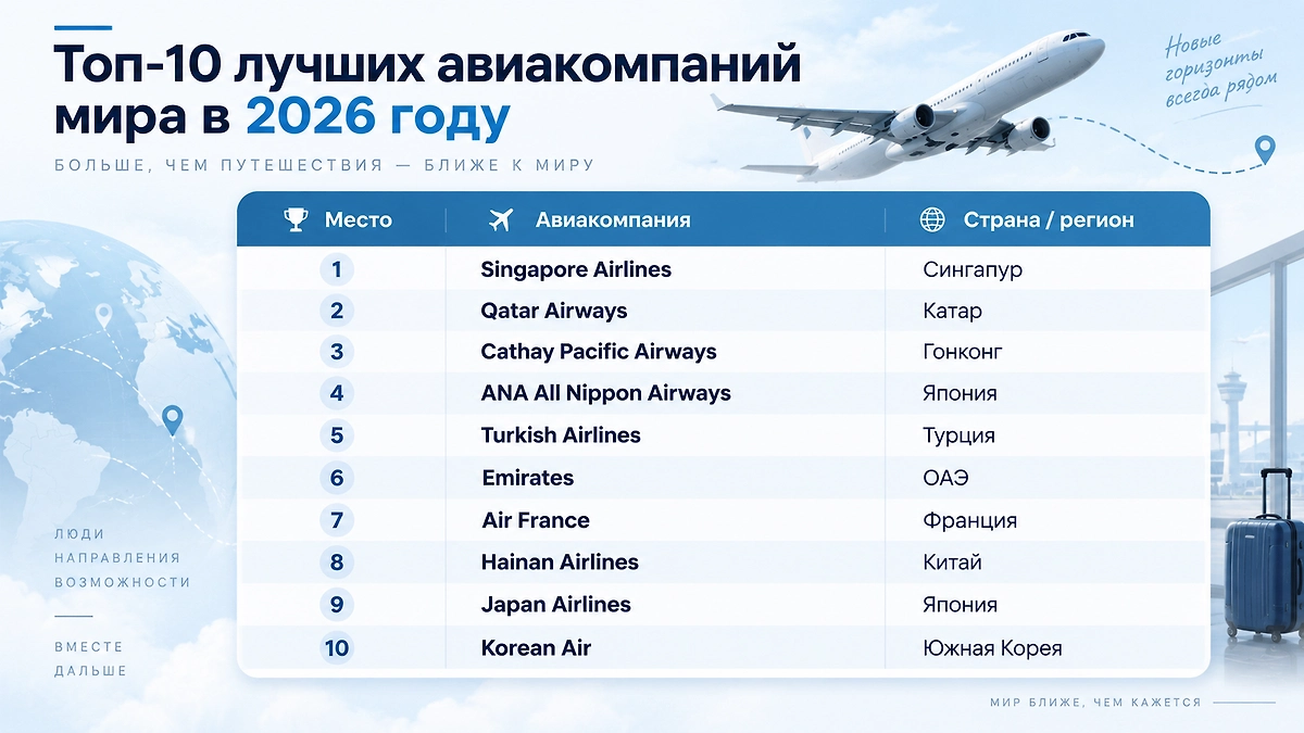 Топ-10 лучших авиакомпаний мира в 2026 году по версии Skytrax. Инфографика © Life.ru