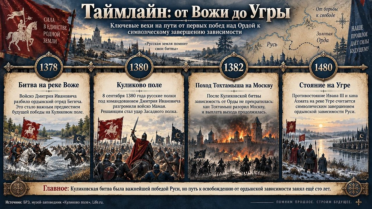 От Вожи до Угры: как менялась борьба Руси с Ордой от 1378 до 1480 года. Инфографика © Life.ru