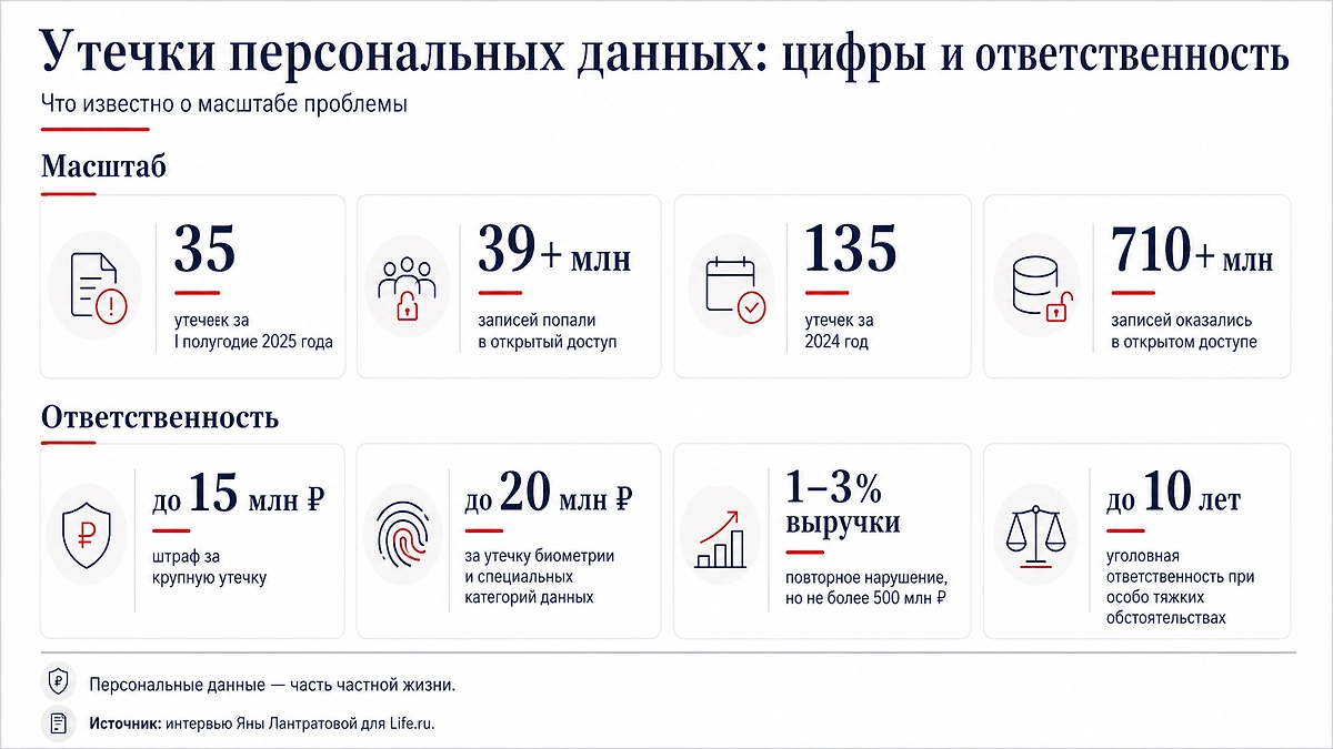 Масштаб утечек персональных данных и ответственность компаний за нарушения. Инфографика © Life.ru