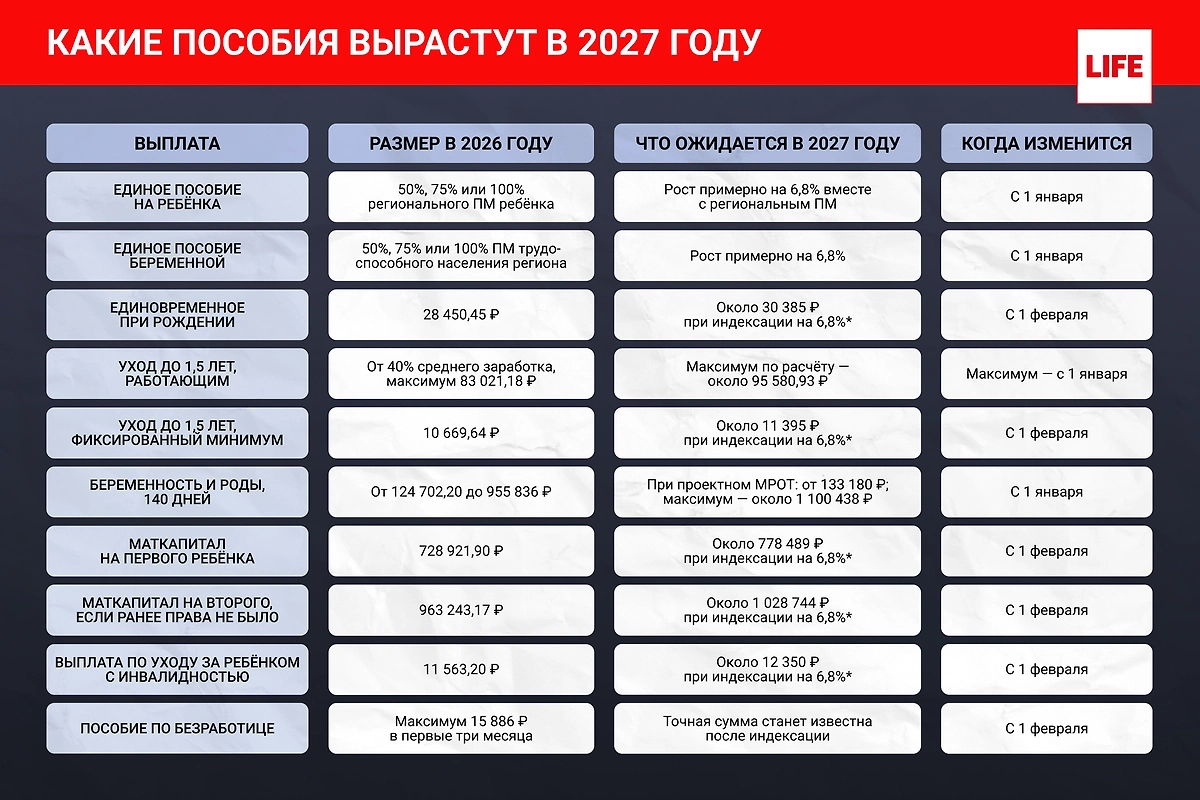 Какие пособия вырастут в 2027 году. Инфографика © Life.ru