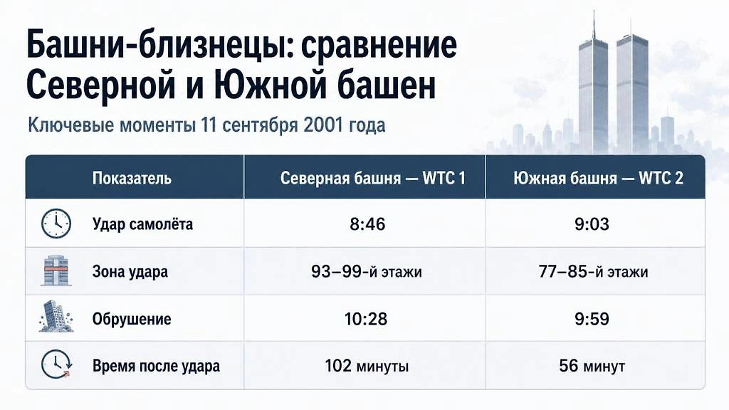 Северная башня ВТЦ простояла после удара самолёта 102 минуты, Южная — 56 минут. При этом Южная башня была атакована позже, но обрушилась первой. Инфографика © Life.ru