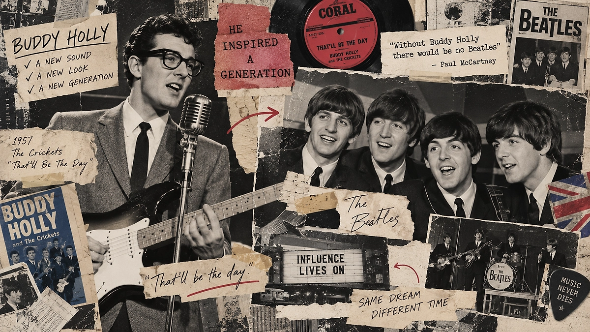 Будущие Beatles играли песни Бадди Холли ещё до мировой славы, а название The Crickets стало одним из ориентиров при выборе имени группы. ИИ-иллюстрация: создано редакцией Life.ru с использованием ChatGPT (OpenAI)