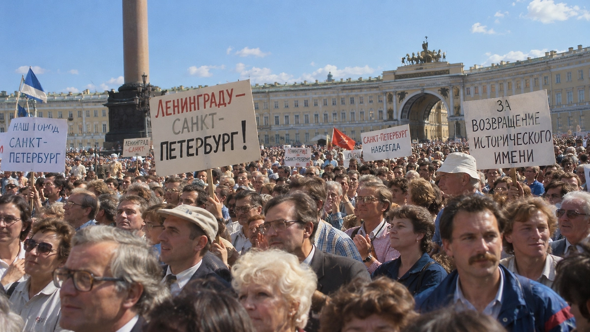 Митинг за возвращение Ленинграду исторического названия Санкт-Петербург в 1991 году. ИИ-иллюстрация: создано редакцией Life.ru с использованием ChatGPT (OpenAI)