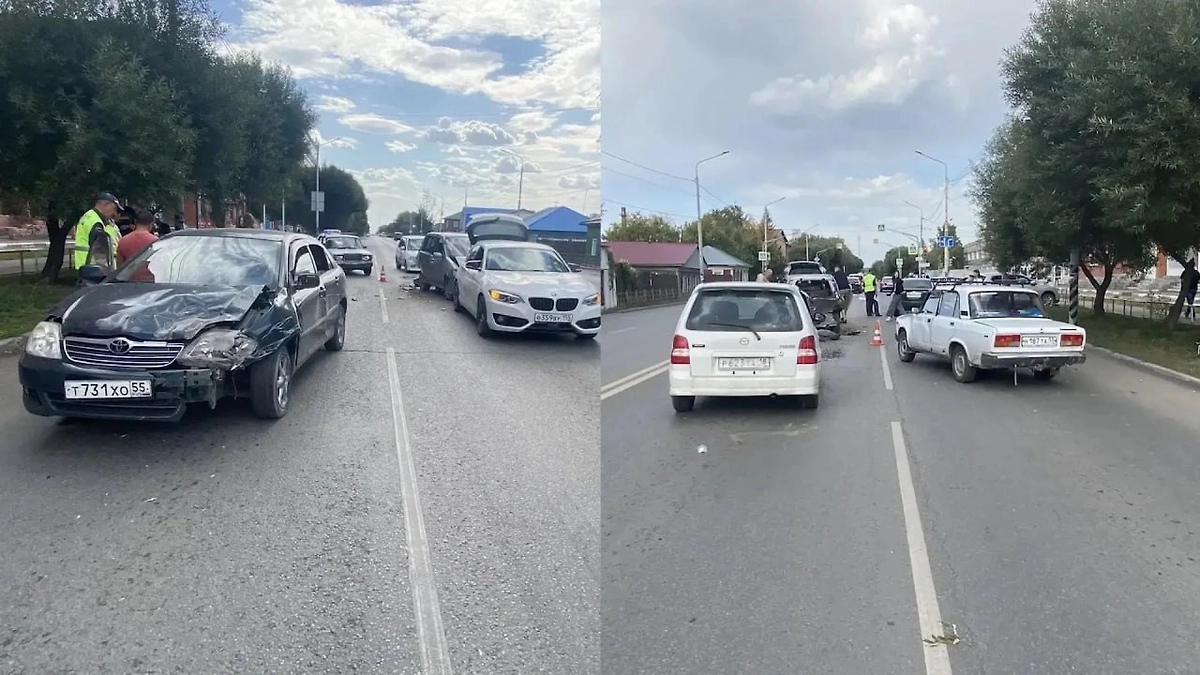 В Омской области столкнулись пять автомобилей, пострадал семилетний ребёнок. Обложка © VK / Управление МВД России по Омской области