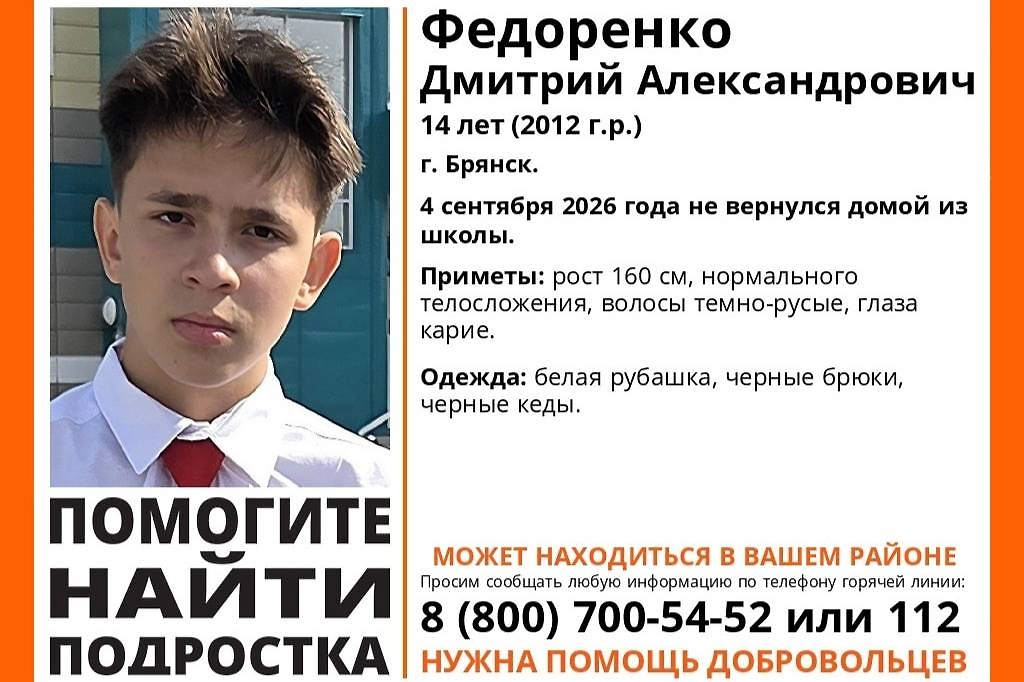 В Брянске ищут 14-летнего подростка, пропавшего 4 сентября. Фото © VK/Поисковый отряд «ЛизаАлерт» Брянской области