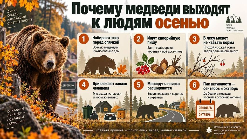 Нехватка корма, поиск калорий перед спячкой и запах пищевых отходов могут приводить медведей к дорогам, дачам и населённым пунктам. Инфографика © Life.ru