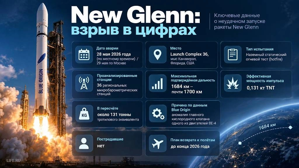 New Glenn в цифрах: 131 тонна тротилового эквивалента и инфразвуковой сигнал почти за 1700 км. Инфографика © Life.ru