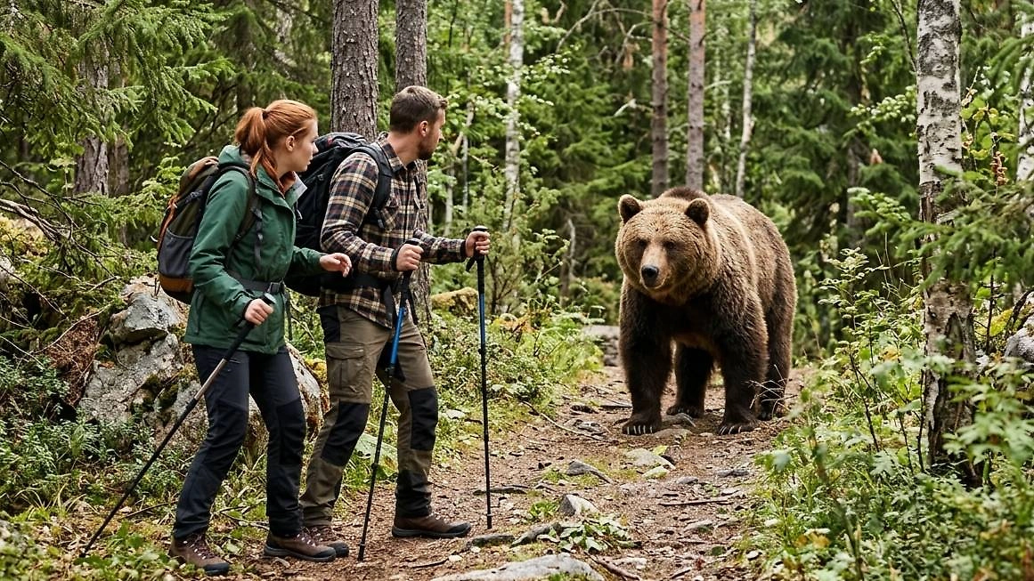 Осенью вероятность встречи с медведем возрастает: перед спячкой хищники активно ищут пищу и могут выходить к людям. ИИ-иллюстрация: создано редакцией Life.ru с использованием Nano Banana AI