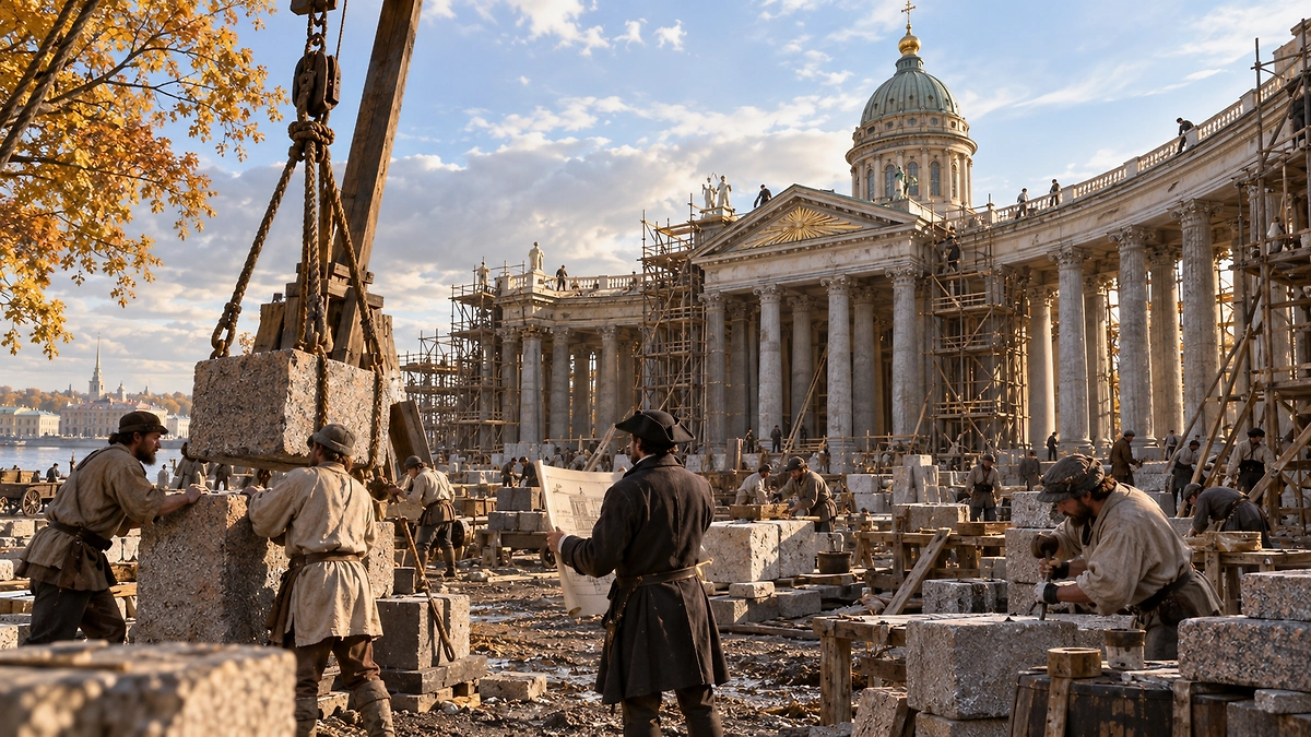 Закладка Казанского собора состоялась 8 сентября 1801 года в присутствии Александра I. ИИ-иллюстрация: создано редакцией Life.ru с использованием ChatGPT (OpenAI)