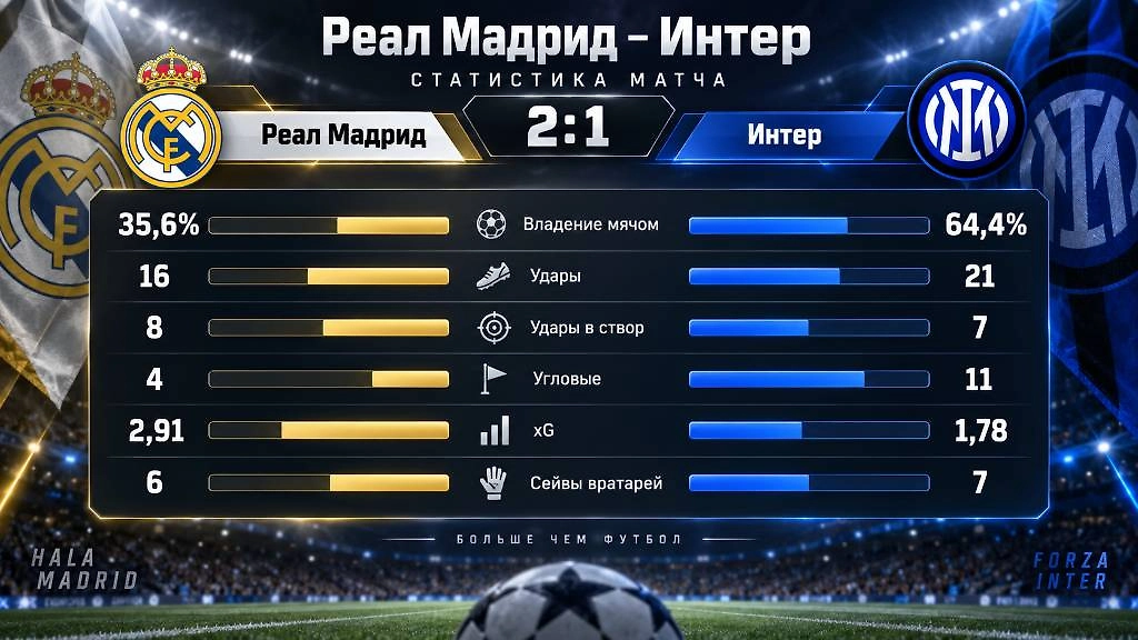 «Реал Мадрид» — «Интер» 2:1: статистика матча Лиги чемпионов — владение мячом, удары, xG и сейвы. Инфографика © Life.ru