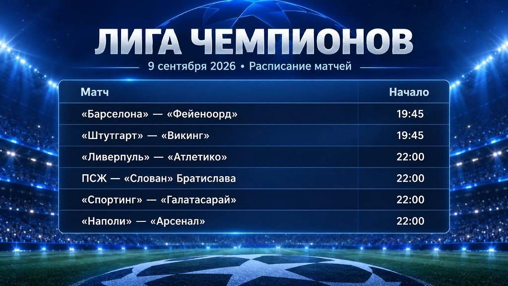 Расписание матчей Лиги чемпионов на 9 сентября 2026 года. Инфографика © Life.ru