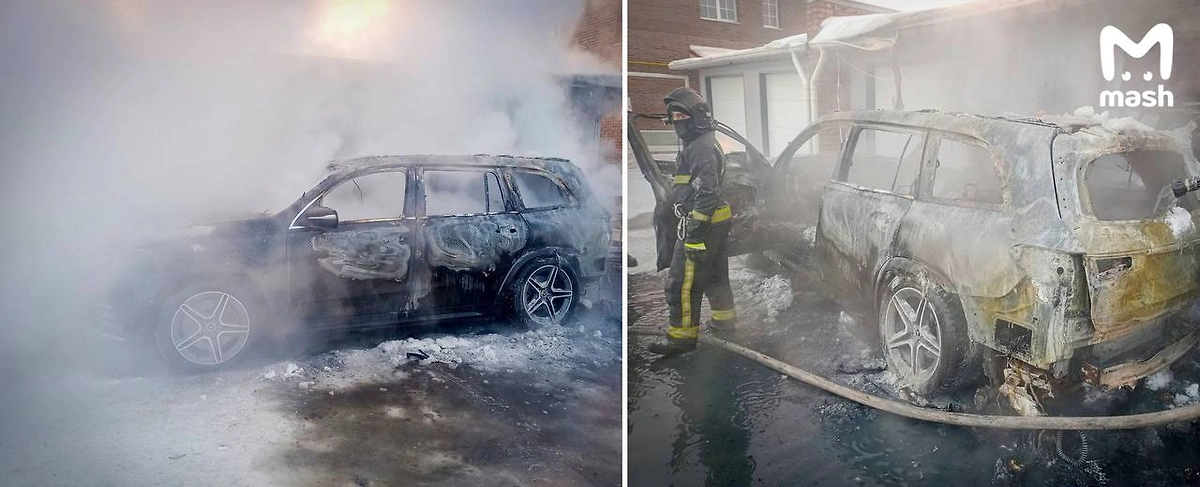 Сгоревшая из-за пепла машина. Фото © Telegram / Mash