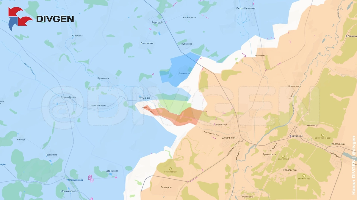 Карта СВО на 29 января 2026 года. Купянское направление. ВС РФ продвинулись западнее Двуречной, идут бои в Кутьковке. Фото © Telegram / DIVGEN 🚩 Карта СВО