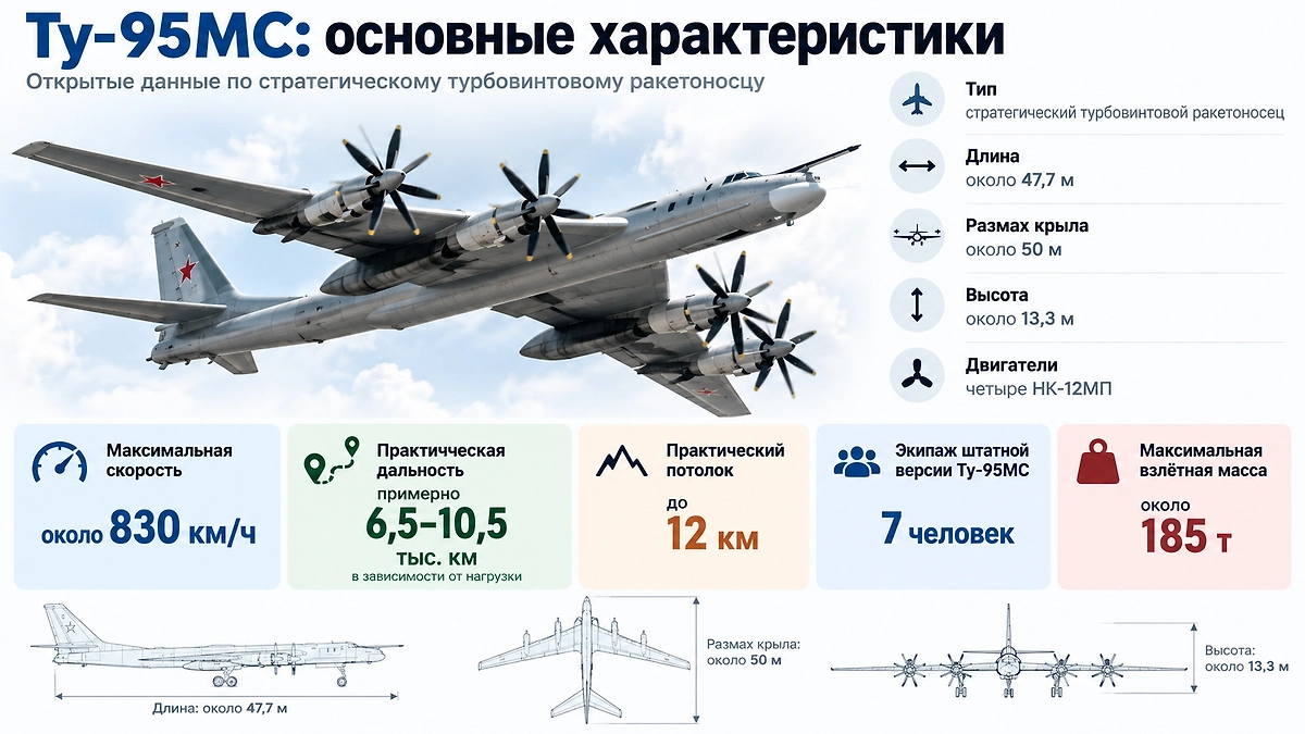 Основные технические характеристики Ту-95МС: длина, размах крыла, скорость, дальность. Инфографика © Life.ru