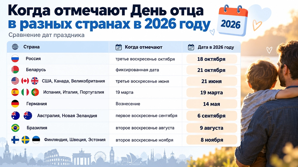 Когда отмечают День отца в разных странах мира в 2026 году. Инфографика © Life.ru