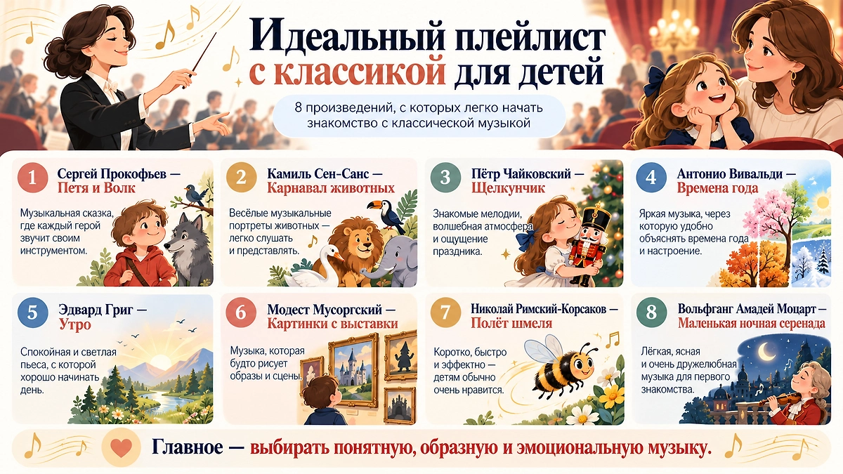 С чего начать знакомство ребёнка с классической музыкой: восемь произведений, которые легко слушать, представлять и обсуждать вместе. Инфографика © Life.ru