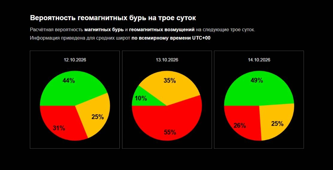 Прогноз магнитных бурь 12, 13, 14 октября 2026 года — официальный график вероятности магнитной бури от ИКИ РАН. Фото © Лаборатория солнечной астрономии ИКИ и ИСЗФ