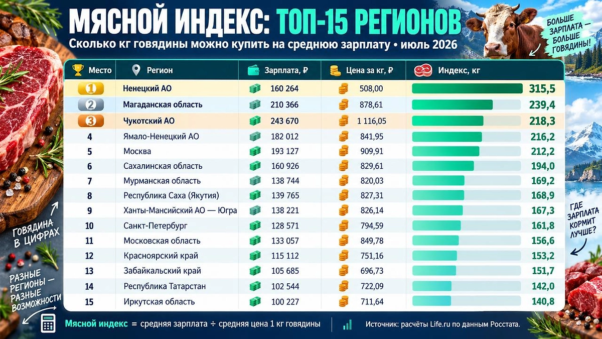Где зарплата позволяет купить больше всего говядины: Ненецкий АО возглавил рейтинг с результатом 315,5 кг. Инфографика и расчёты Life.ru на основе данных Росстата