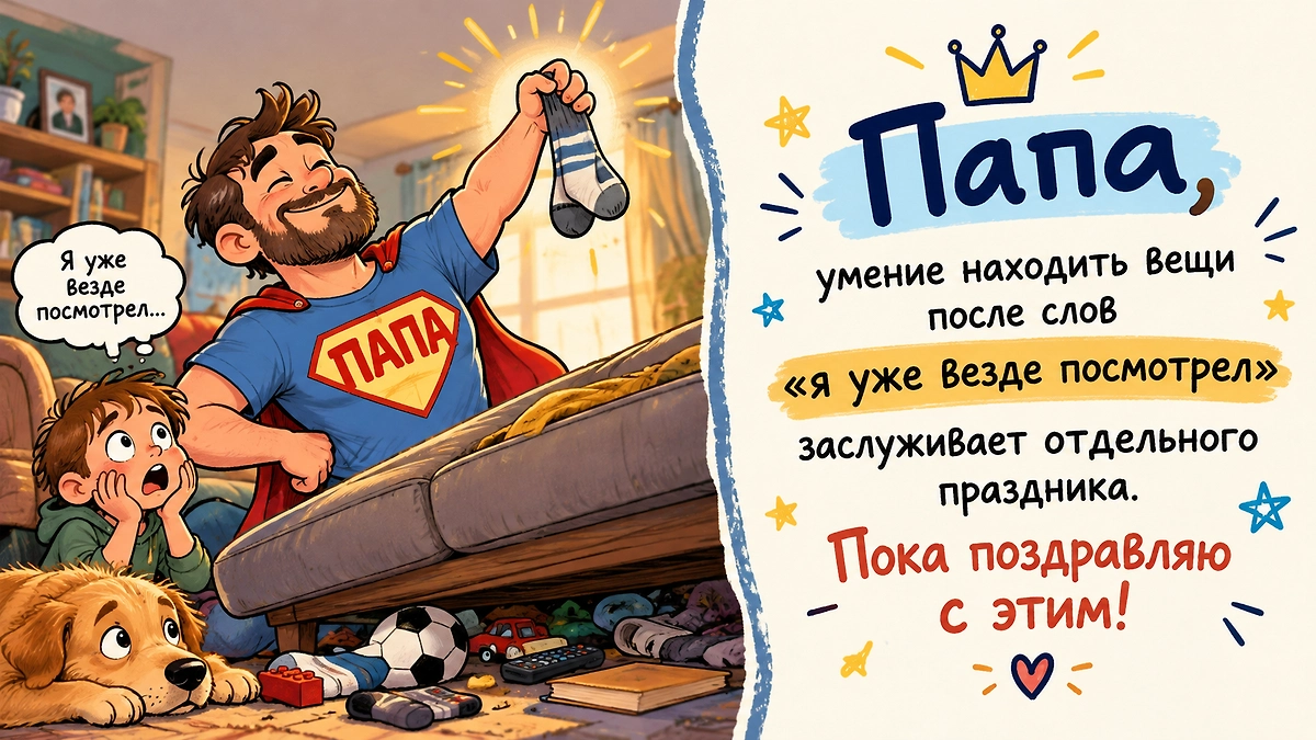 Шуточная открытка папе с Днём отца: скачать картинку с забавной подписью. ИИ-иллюстрация: создано редакцией Life.ru с использованием ChatGPT (OpenAI)