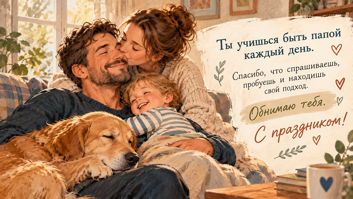 Открытка с Днём отца для мужа: слова любви и благодарности за заботу. ИИ-иллюстрация: создано редакцией Life.ru с использованием ChatGPT (OpenAI)