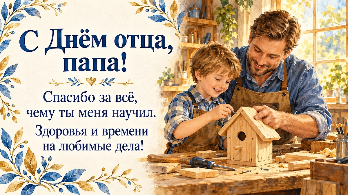 Открытка с Днём отца 2026 от сына: скачать красивую картинку с поздравлением. ИИ-иллюстрация: создано редакцией Life.ru с использованием ChatGPT (OpenAI)