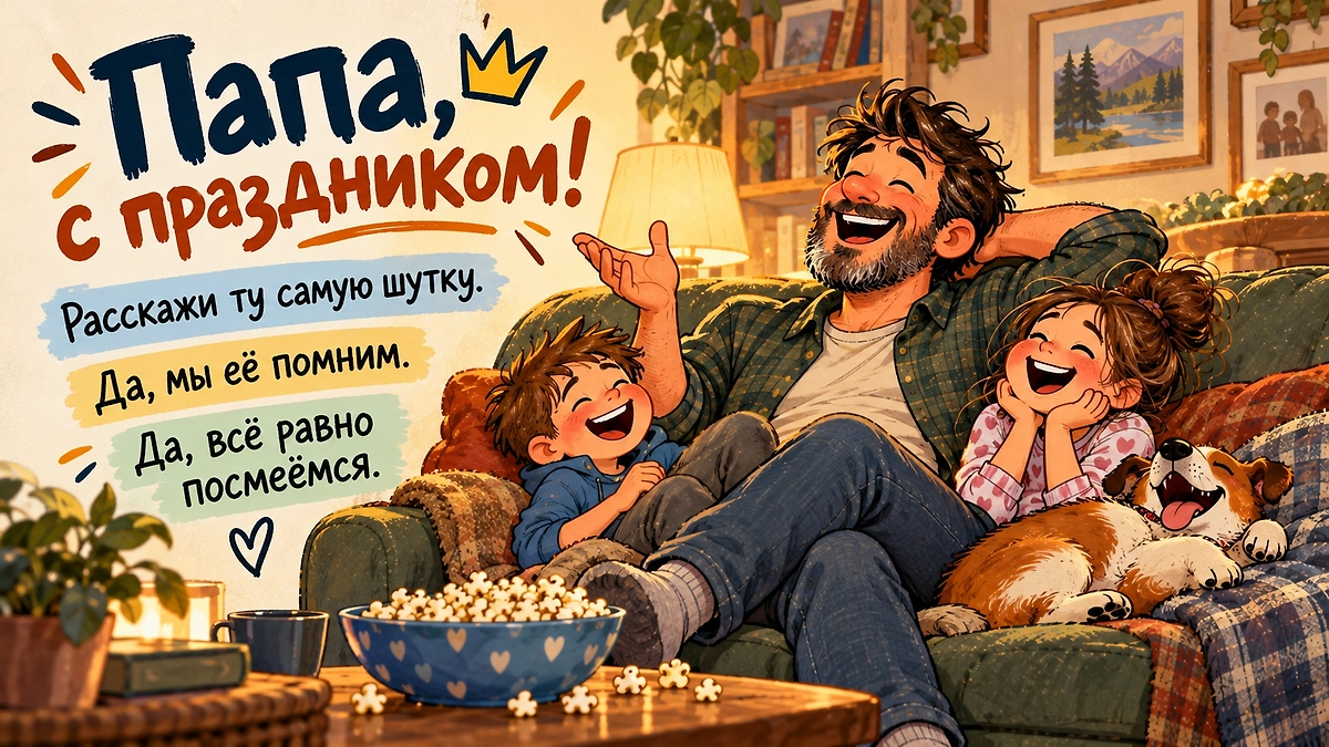 Прикольная открытка с Днём отца 2026: поздравление папе с добрым юмором. ИИ-иллюстрация: создано редакцией Life.ru с использованием ChatGPT (OpenAI)
