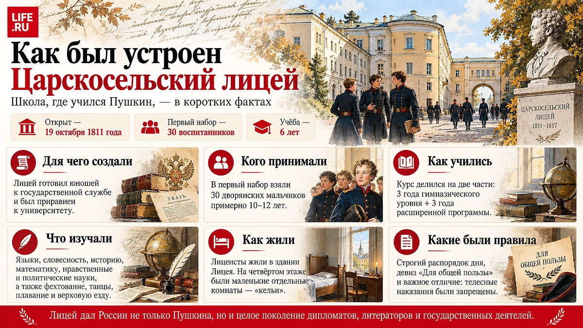 Как был устроен Царскосельский лицей: распорядок дня, учёба и быт воспитанников. Инфографика © Life.ru