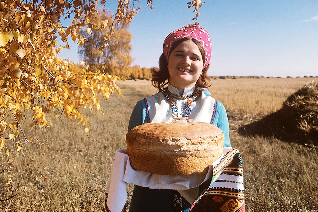«Алтайский каравай»: хлеб на фоне осеннего поля. Фото © ТАСС / Виктор Садчиков