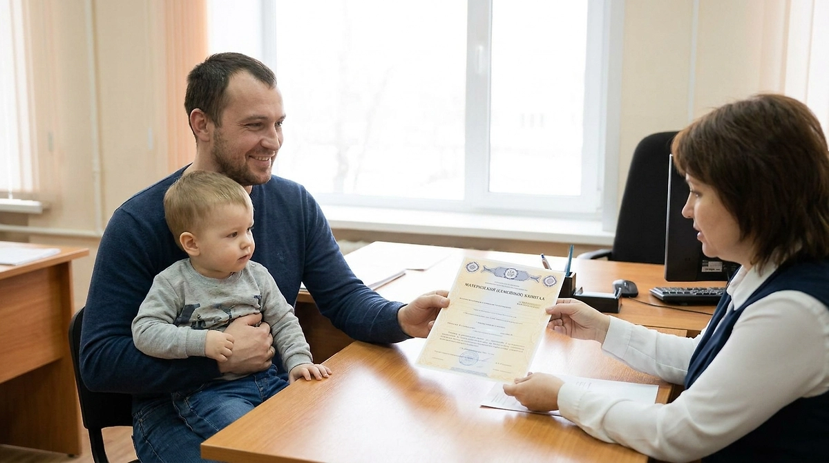 Отец с ребёнком оформляет документы на получение семейных выплат и пособий. ИИ-иллюстрация: создано редакцией Life.ru с использованием ChatGPT (OpenAI)