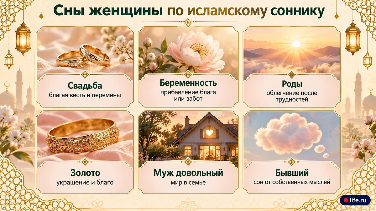 Сны женщины по исламскому соннику: замужество, беременность, муж. Инфографика Life.ru
