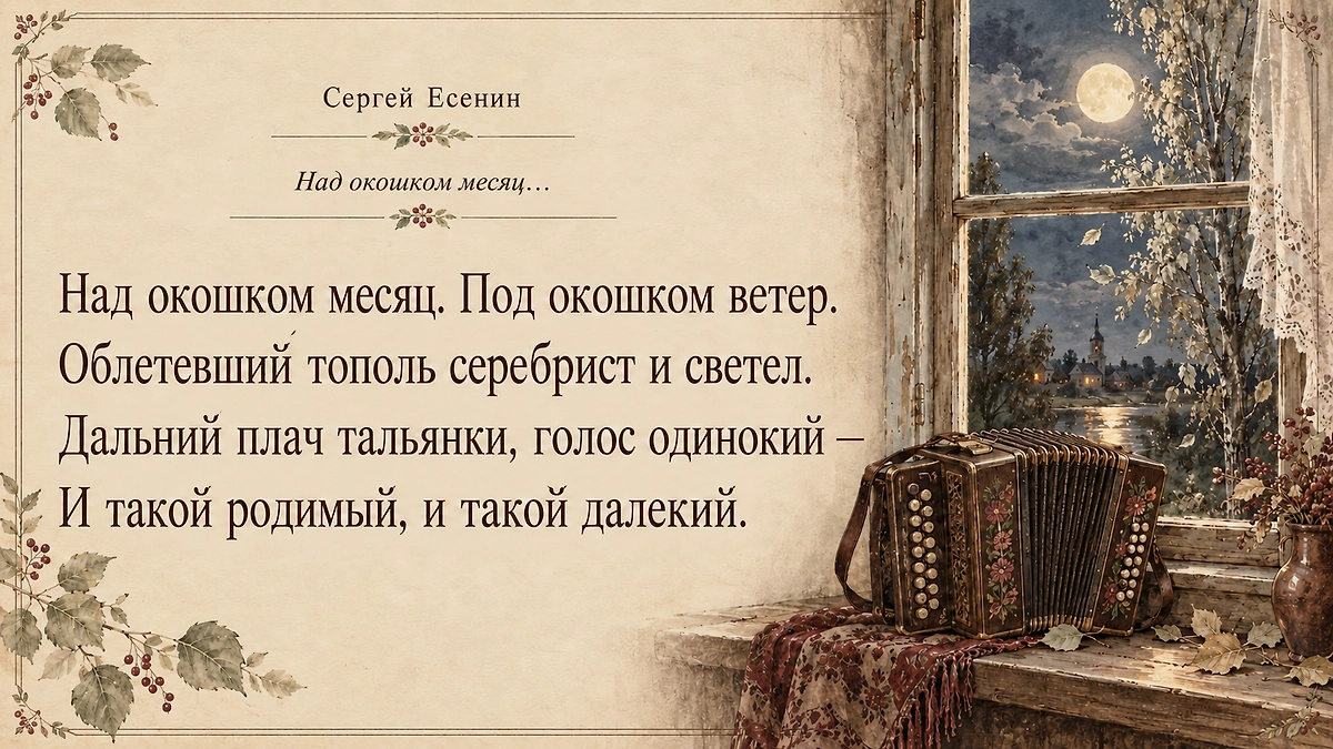 «Над окошком месяц»: стихи Есенина о гармошке и родном крае. ИИ-иллюстрация: создано редакцией Life.ru с использованием ChatGPT (OpenAI).