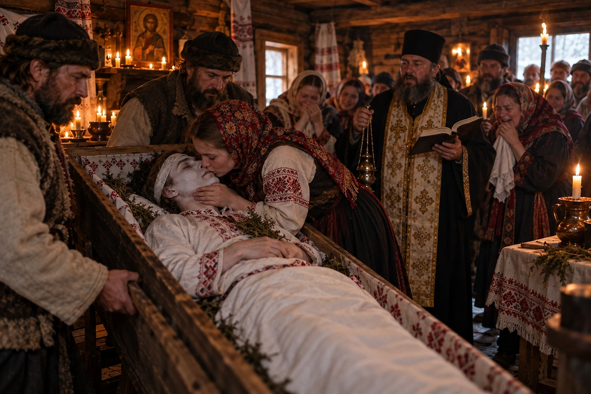 Зачем на Святки разыгрывали похороны живого человека и какой смысл скрывался за пугающей народной игрой? ИИ-иллюстрация: создано редакцией Life.ru с использованием ChatGPT (OpenAI) 
