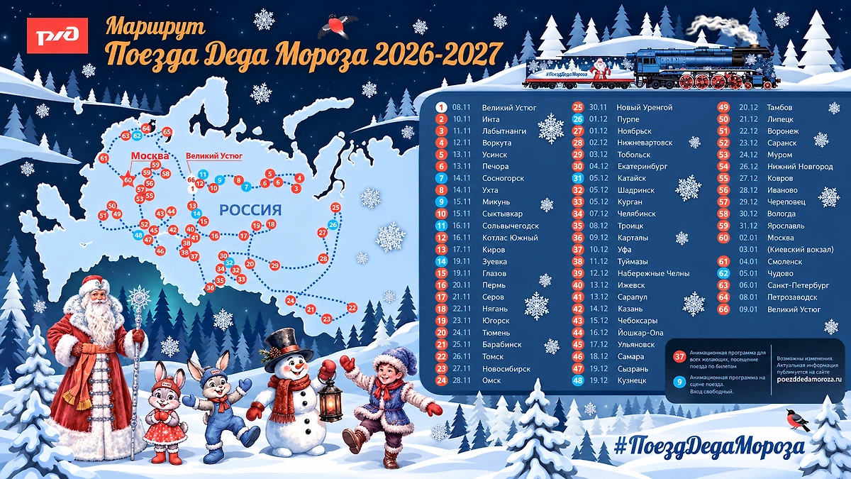 Список городов, которые посетит поезд Деда Мороза. Фото © РЖД