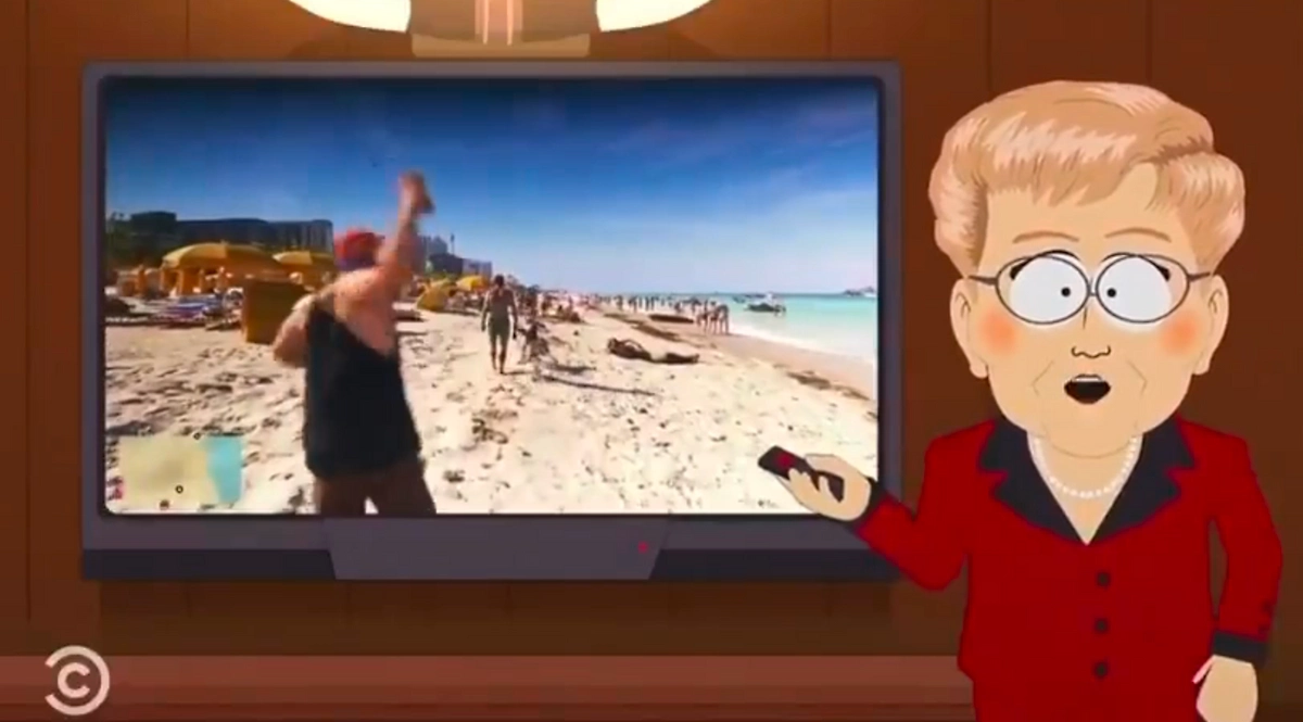 Кадр из игры Grand Theft Auto VI, показанный в мультсериале «Южный Парк». © Rockstar Games / Comedy Central