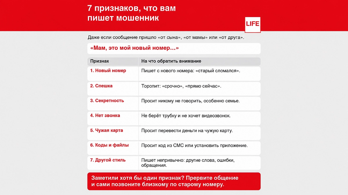 Признаки сообщения от мошенника. Инфографика © Life.ru