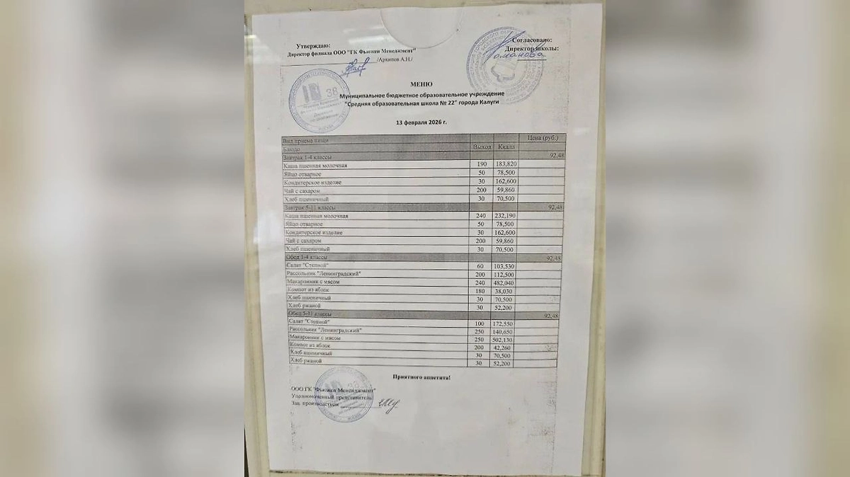 В Калуге назвали ошибкой разные меню для платных и льготных обедов в школе. Фото © Telegram/ Администрация города Калуги