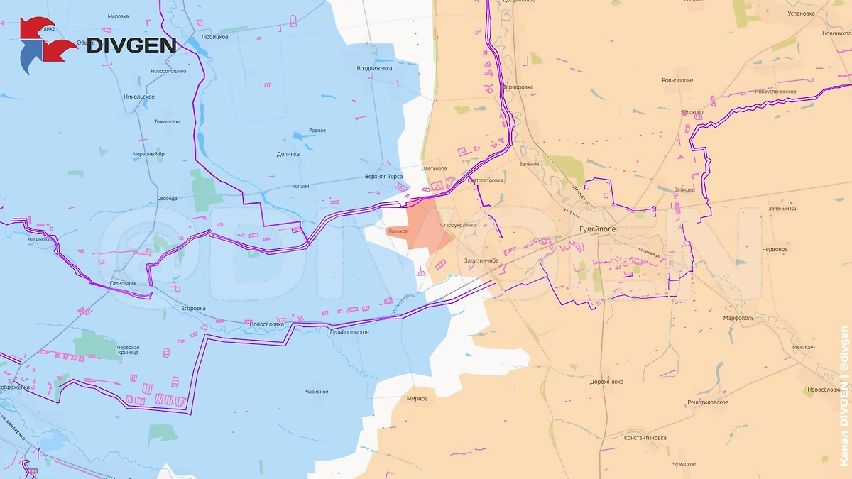 Карта СВО на 1 марта 2026 года. Группировка войск «Восток» освободила Горькое в Запорожской области. Фото © Telegram / DIVGEN 🚩 Карта СВО