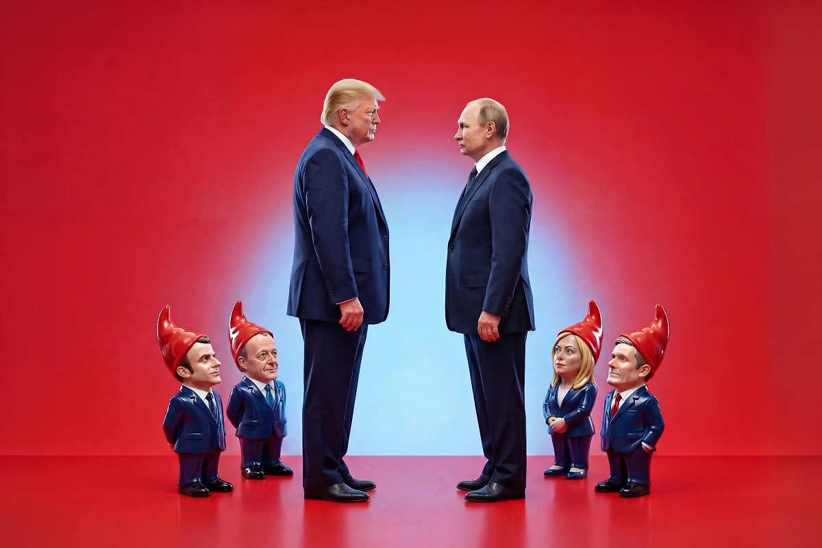 Дональд Трамп и Владимир Путин в окружении карликовых европейских лидеров. Иллюстрация © X / NZZ / Simon Tanner