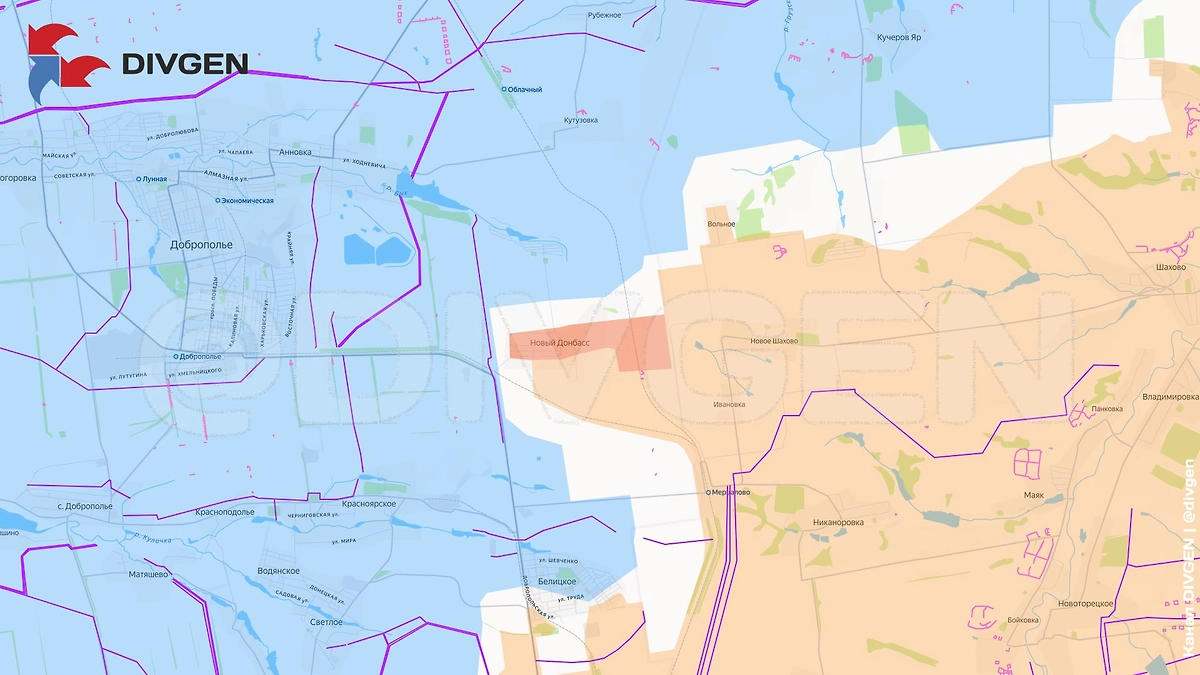 Карта СВО на 23 февраля 2026 года. ВС РФ. Группировка «Центр» зачистила населённый пункт Новый Донбасс в ДНР. Фото © Telegram / DIVGEN 🚩 Карта СВО