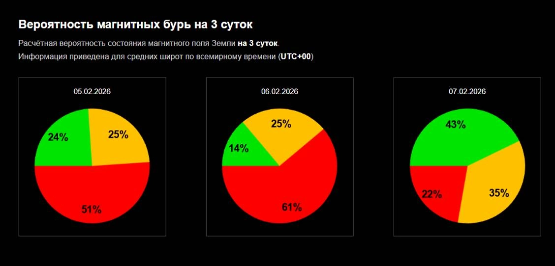 График вероятности геомагнитного шторма от учёных: магнитные бури 5, 6 и 7 февраля — какой прогноз? Фото © Лаборатория солнечной астрономии ИКИ и ИСЗФ