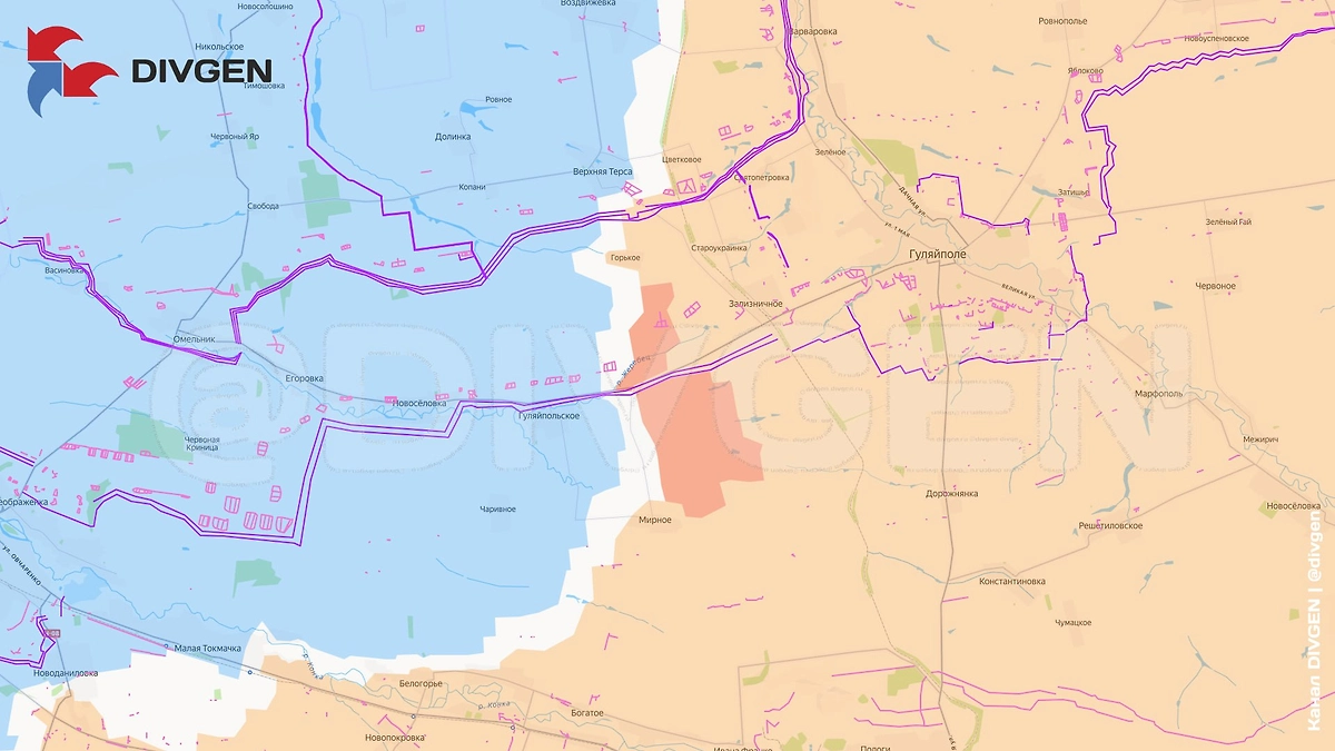 Карта СВО на 16 марта 2026 года. «Восток» продвинулся в районе Гуляйпольского. Фото © Telegram / divgen