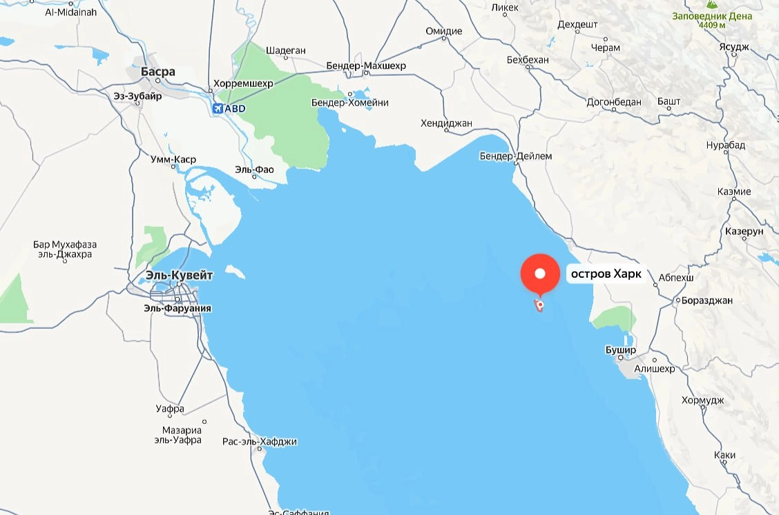 Остров Харк является важной составляющей нефтяной промышленности Ирана. Фото © Яндекс Карты