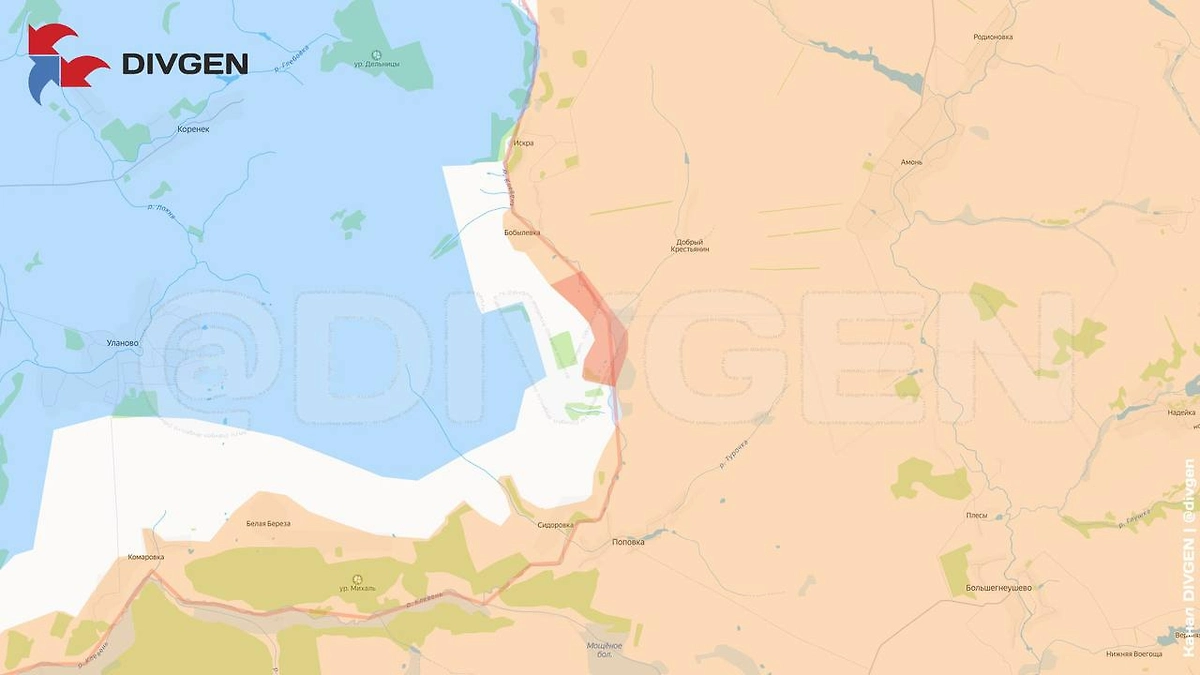 Карта СВО на 12 марта 2026 года. Армия России формирует буферную зону у Курской области. Фото © Telegram / DIVGEN 🚩 Карта СВО